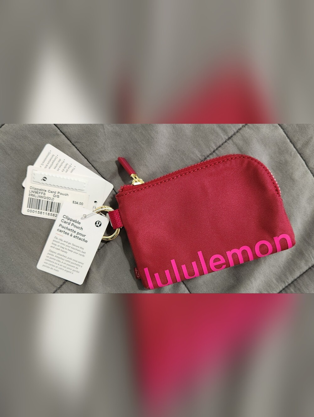 lululemon Berry Rumble Clippable Card pouch with Gold Hardware